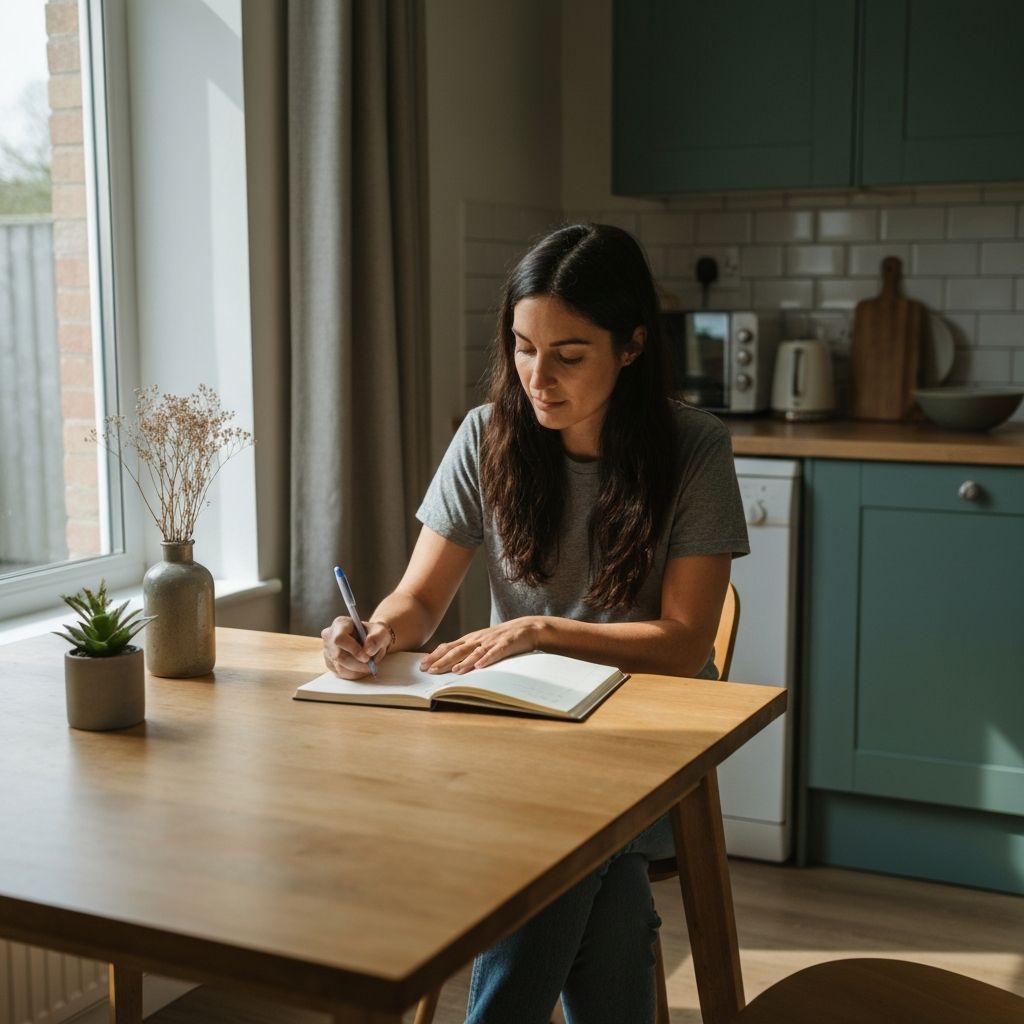 Person writing a shopping list at a kitchen table at home