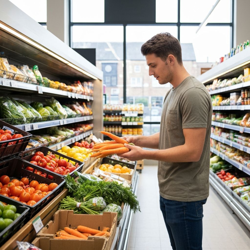 Person choosing fresh items in a supermarket aisle